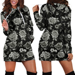 Monochrome Rose Floral Pattern Print Hoodie Dress GearFrost