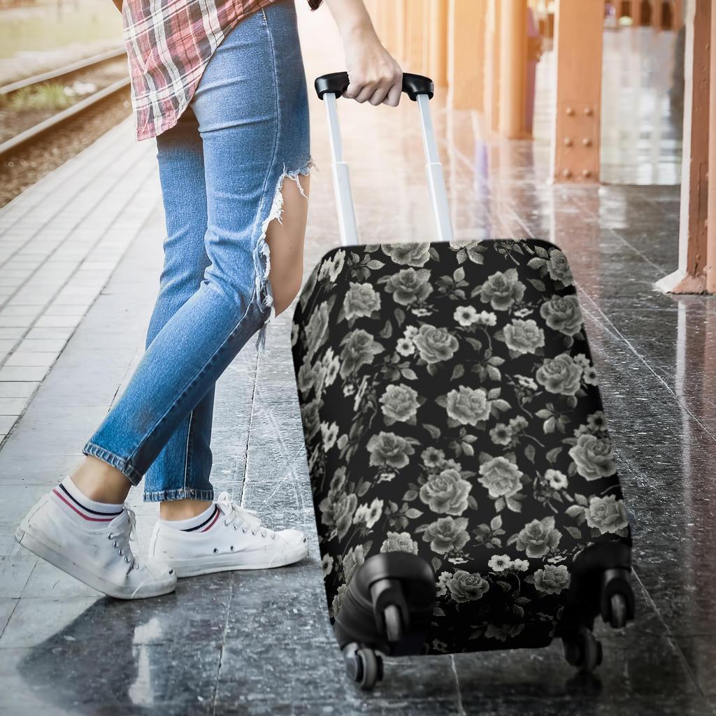 Monochrome Rose Floral Pattern Print Luggage Cover GearFrost