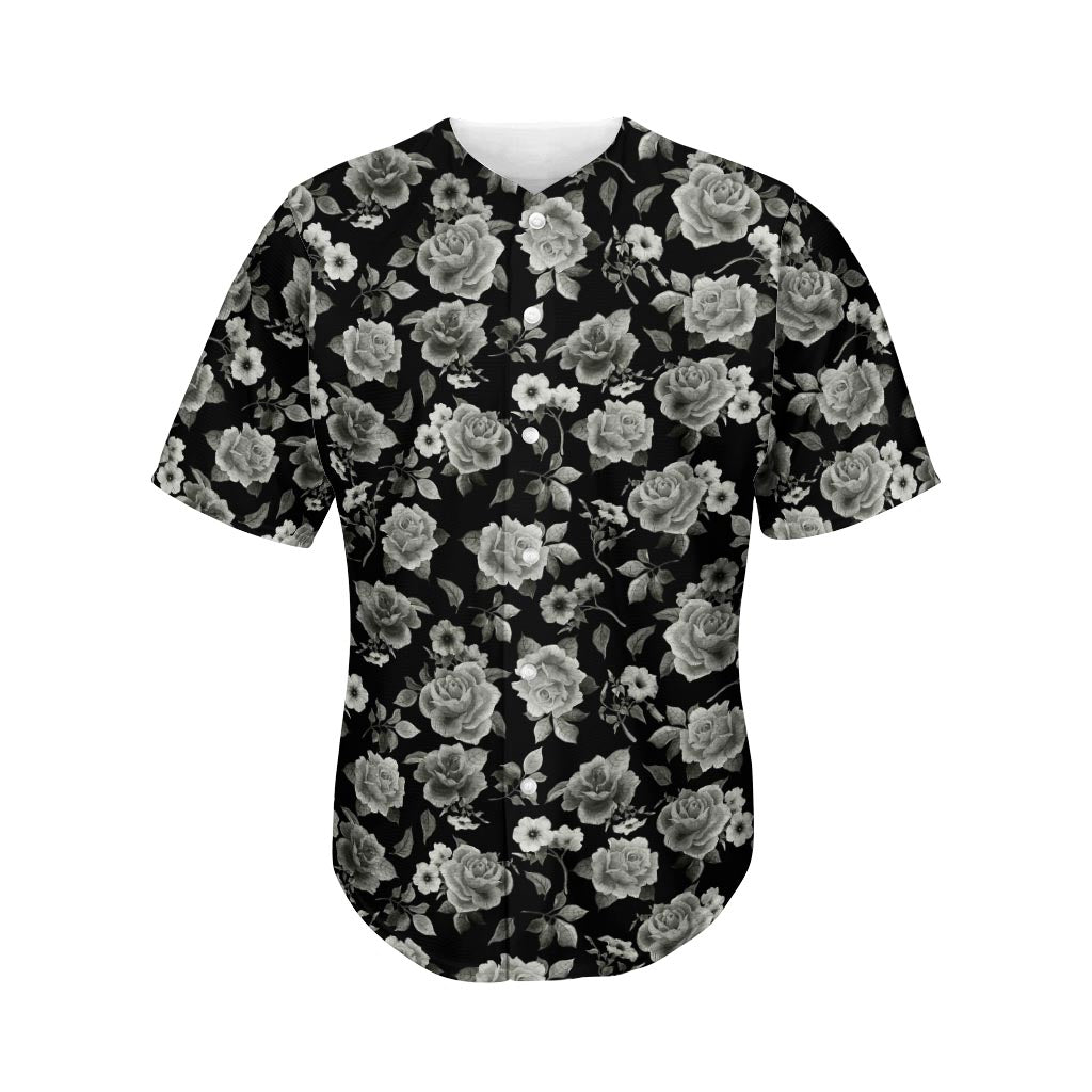 Monochrome Rose Floral Pattern Print Men's Baseball Jersey