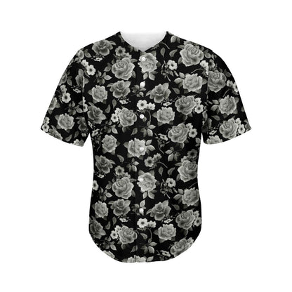 Monochrome Rose Floral Pattern Print Men's Baseball Jersey
