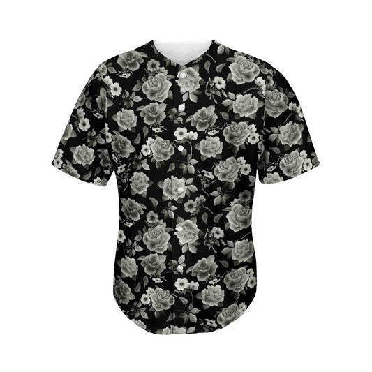 Monochrome Rose Floral Pattern Print Men's Baseball Jersey