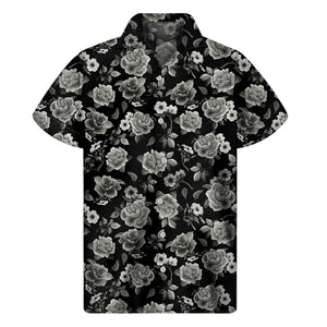 Monochrome Rose Floral Pattern Print Men's Short Sleeve Shirt