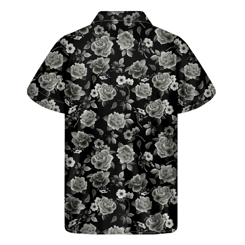 Monochrome Rose Floral Pattern Print Men's Short Sleeve Shirt