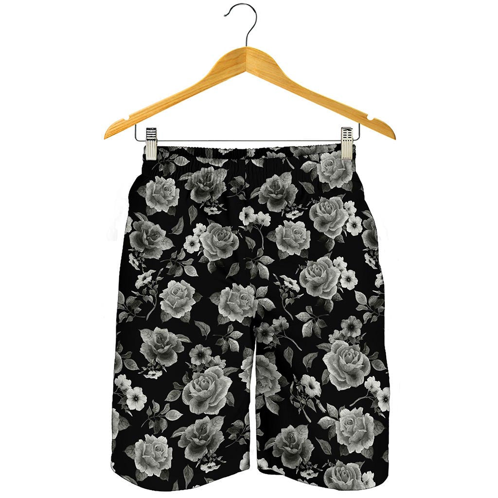 Monochrome Rose Floral Pattern Print Men's Shorts