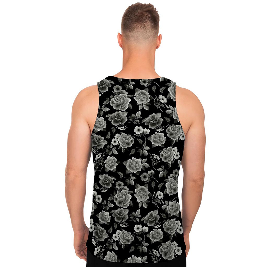 Monochrome Rose Floral Pattern Print Men's Tank Top