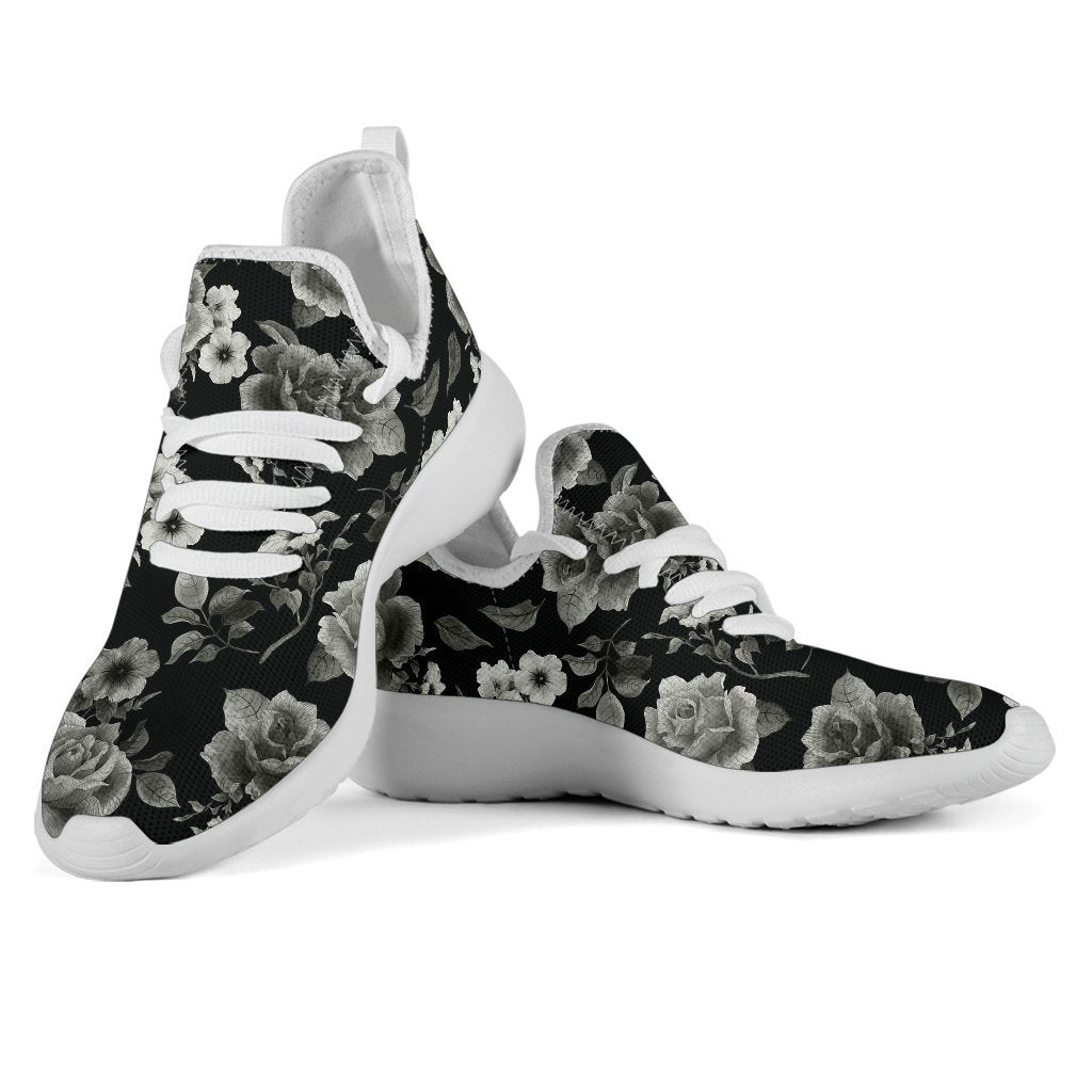 Monochrome Rose Floral Pattern Print Mesh Knit Shoes GearFrost