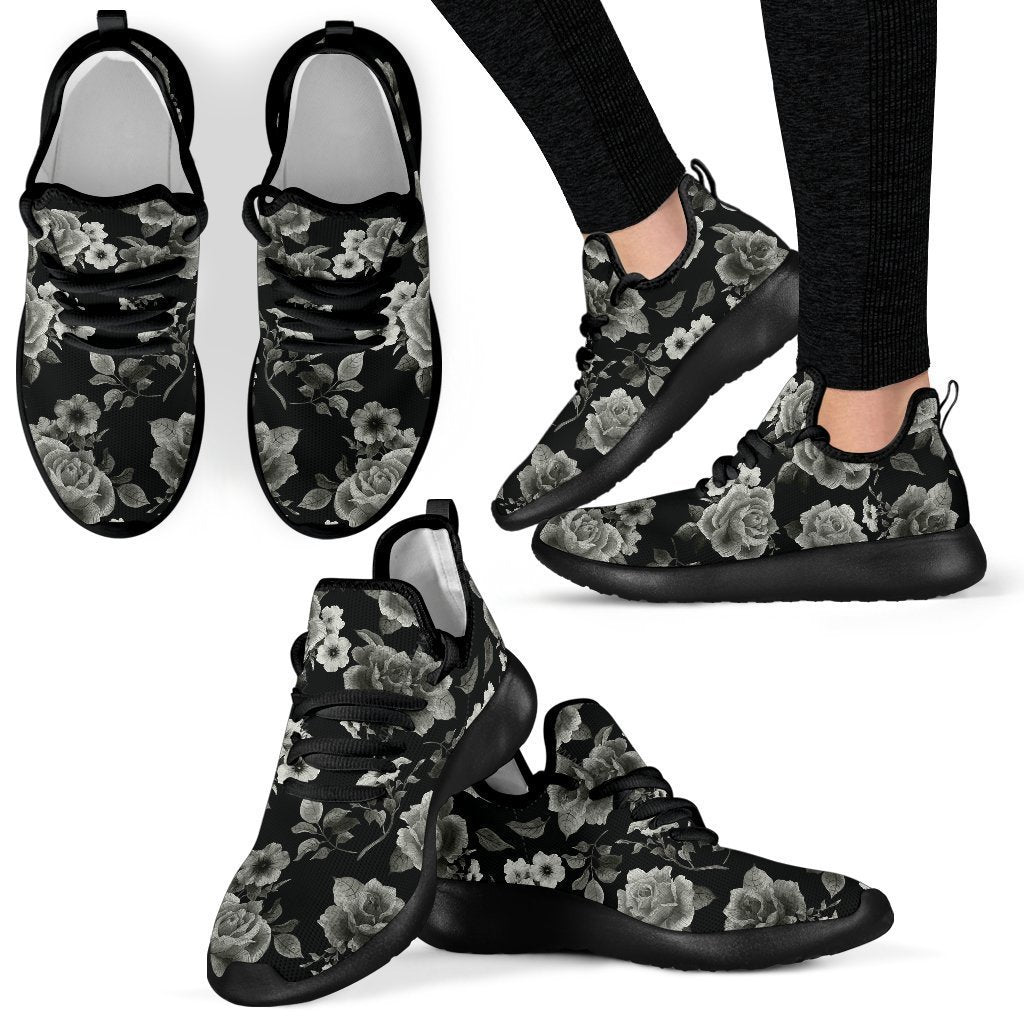 Monochrome Rose Floral Pattern Print Mesh Knit Shoes GearFrost