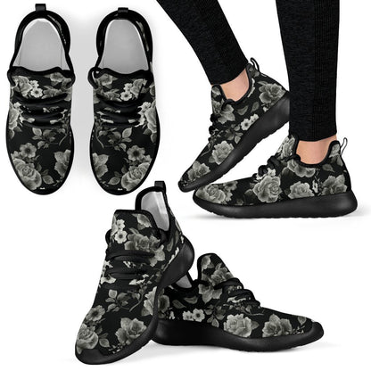 Monochrome Rose Floral Pattern Print Mesh Knit Shoes GearFrost
