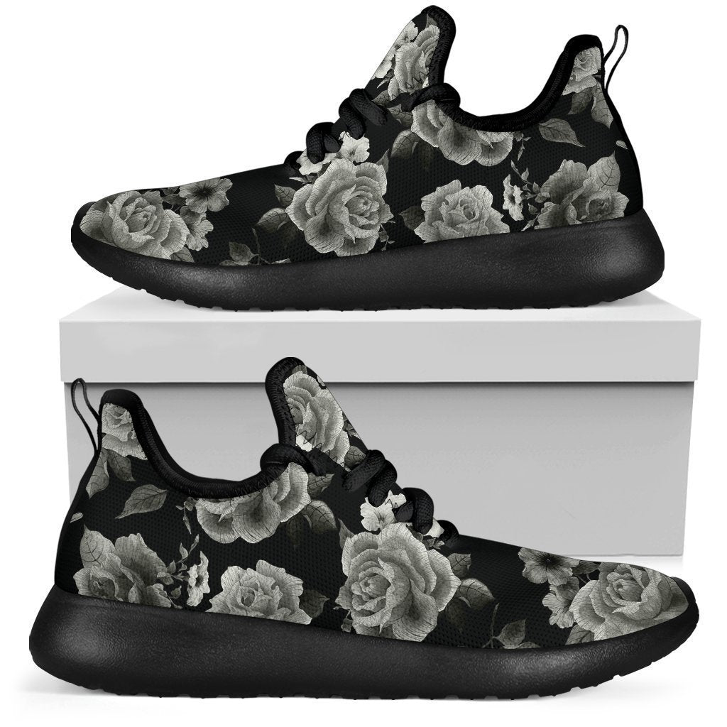 Monochrome Rose Floral Pattern Print Mesh Knit Shoes GearFrost