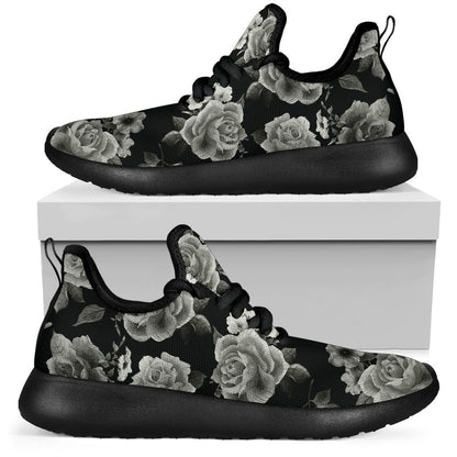 Monochrome Rose Floral Pattern Print Mesh Knit Shoes GearFrost