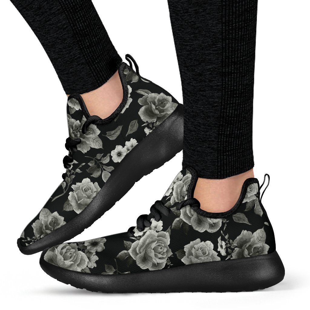 Monochrome Rose Floral Pattern Print Mesh Knit Shoes GearFrost