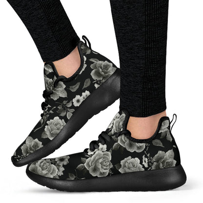 Monochrome Rose Floral Pattern Print Mesh Knit Shoes GearFrost