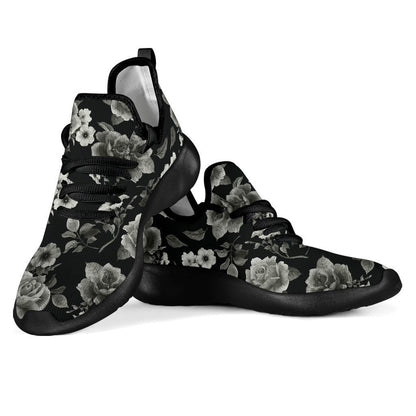 Monochrome Rose Floral Pattern Print Mesh Knit Shoes GearFrost