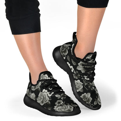 Monochrome Rose Floral Pattern Print Mesh Knit Shoes GearFrost