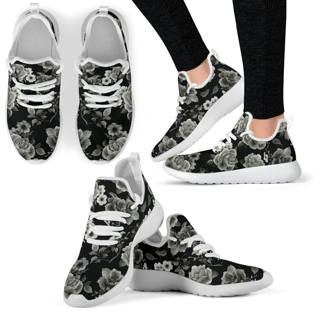 Monochrome Rose Floral Pattern Print Mesh Knit Shoes GearFrost