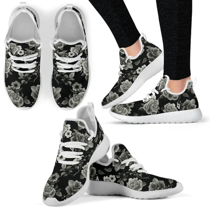 Monochrome Rose Floral Pattern Print Mesh Knit Shoes GearFrost