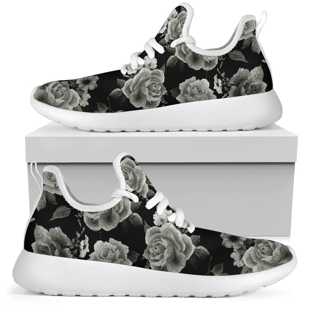 Monochrome Rose Floral Pattern Print Mesh Knit Shoes GearFrost