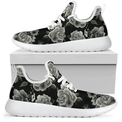 Monochrome Rose Floral Pattern Print Mesh Knit Shoes GearFrost