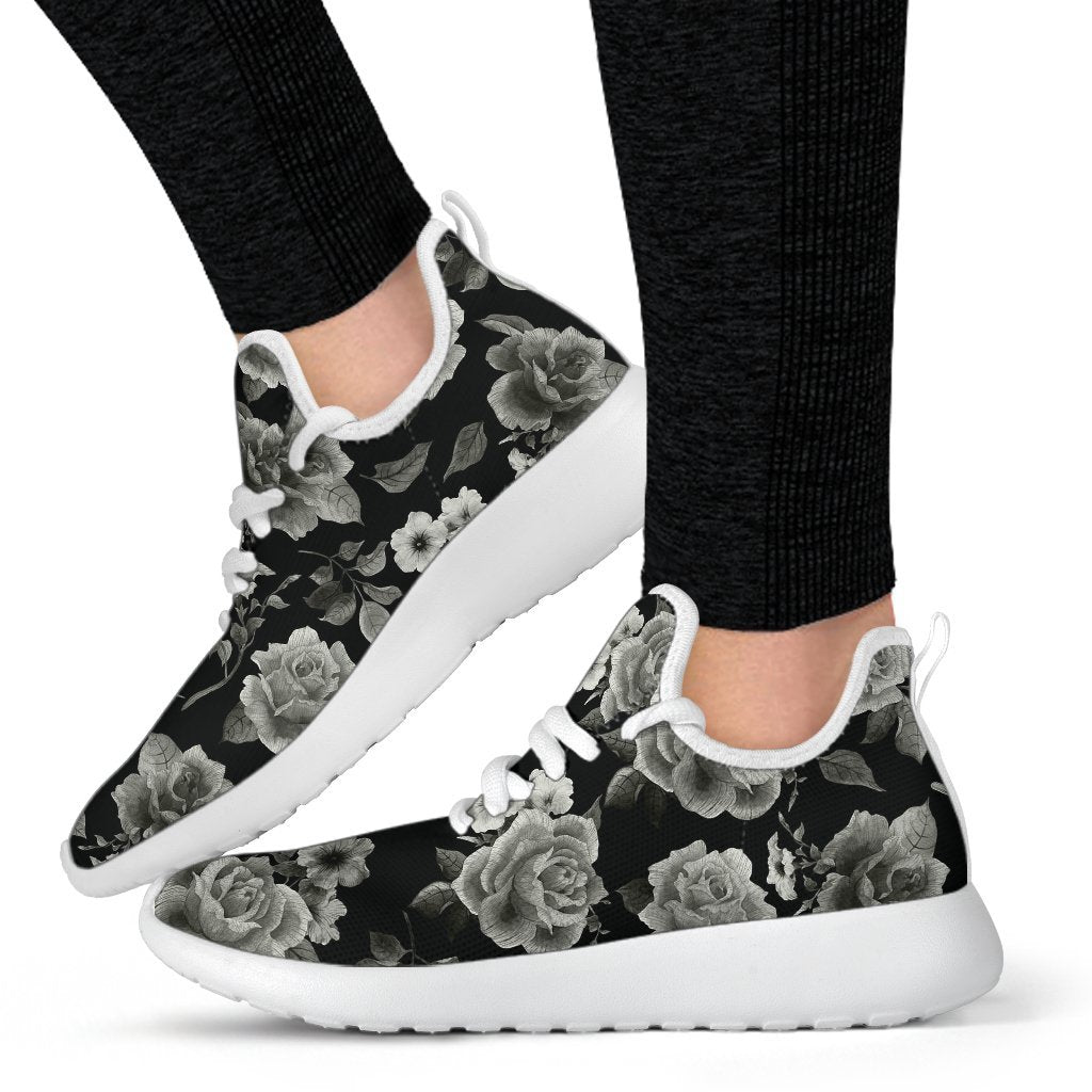 Monochrome Rose Floral Pattern Print Mesh Knit Shoes GearFrost