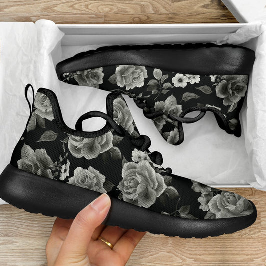 Monochrome Rose Floral Pattern Print Mesh Knit Shoes GearFrost