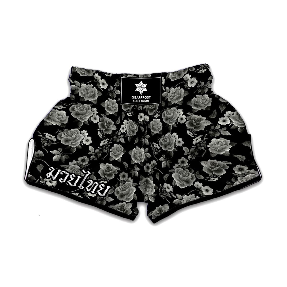 Monochrome Rose Floral Pattern Print Muay Thai Boxing Shorts