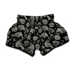 Monochrome Rose Floral Pattern Print Muay Thai Boxing Shorts