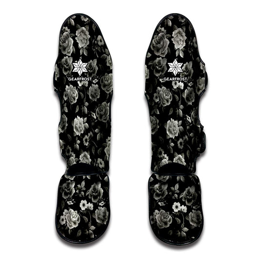 Monochrome Rose Floral Pattern Print Muay Thai Shin Guard
