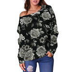 Monochrome Rose Floral Pattern Print Off Shoulder Sweatshirt GearFrost