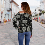 Monochrome Rose Floral Pattern Print Off Shoulder Sweatshirt GearFrost