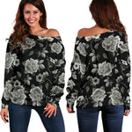 Monochrome Rose Floral Pattern Print Off Shoulder Sweatshirt GearFrost