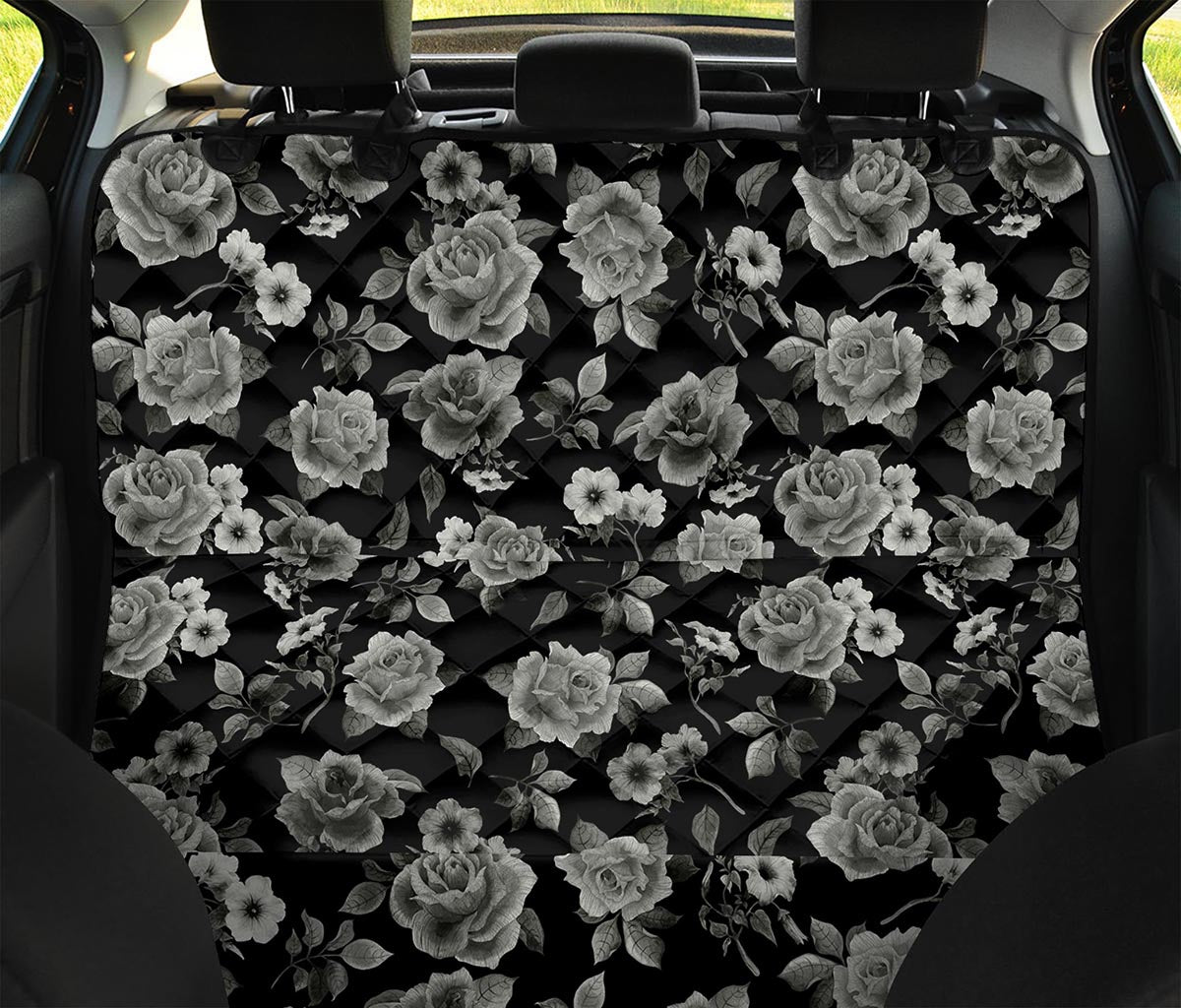 Monochrome Rose Floral Pattern Print Pet Car Back Seat Cover