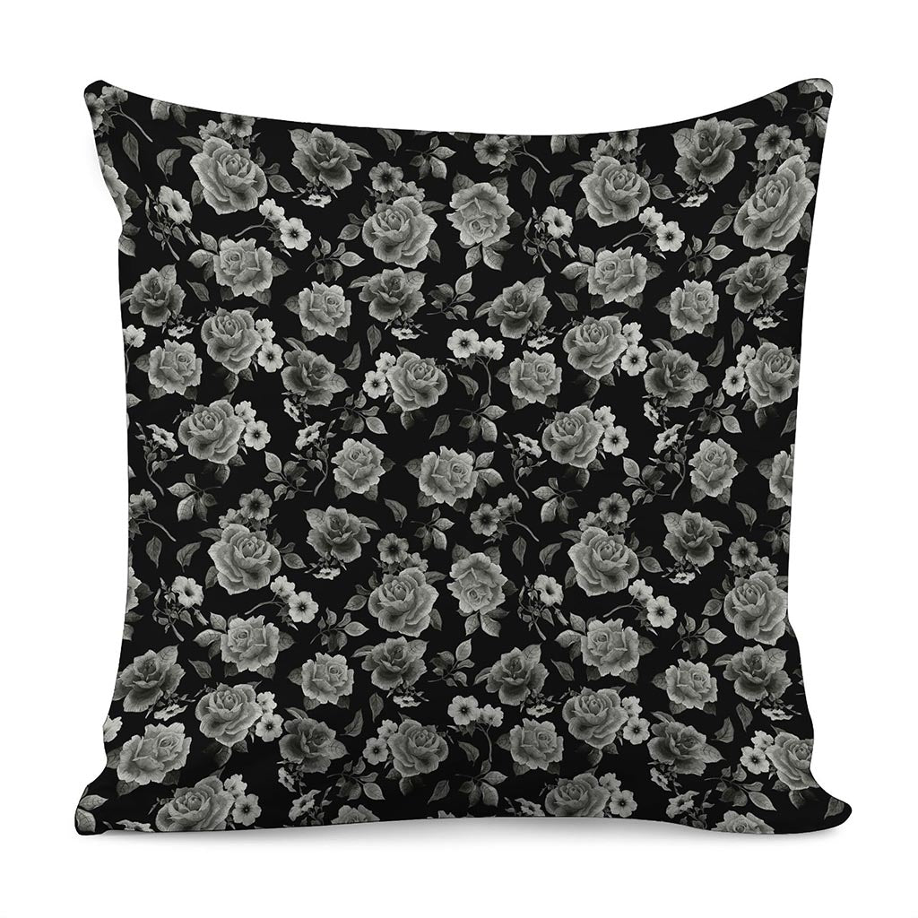 Monochrome Rose Floral Pattern Print Pillow Cover