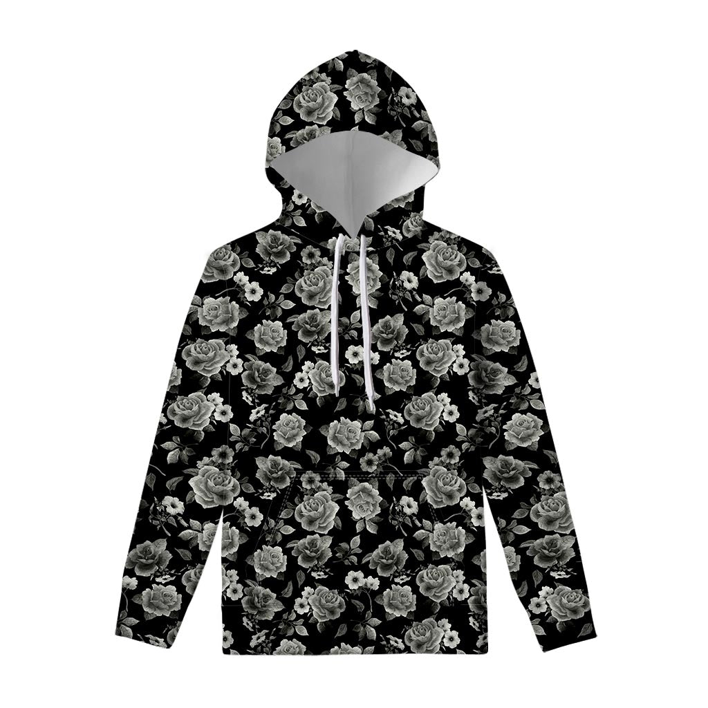 Monochrome Rose Floral Pattern Print Pullover Hoodie