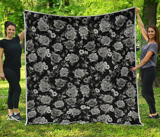 Monochrome Rose Floral Pattern Print Quilt