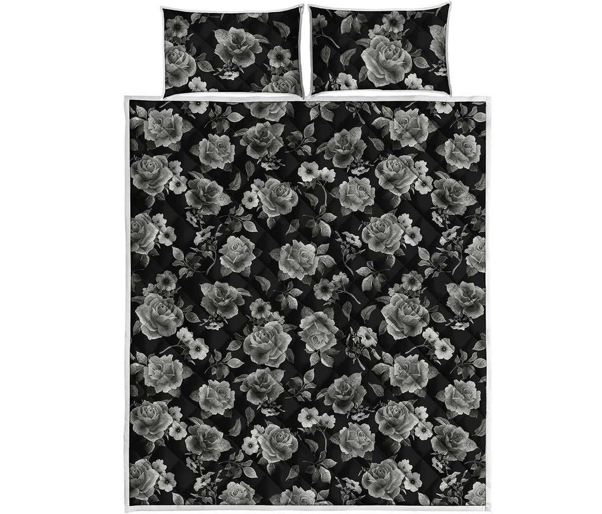 Monochrome Rose Floral Pattern Print Quilt Bed Set