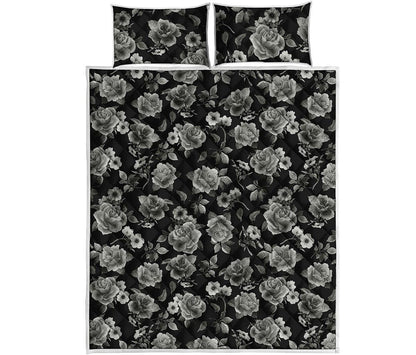 Monochrome Rose Floral Pattern Print Quilt Bed Set