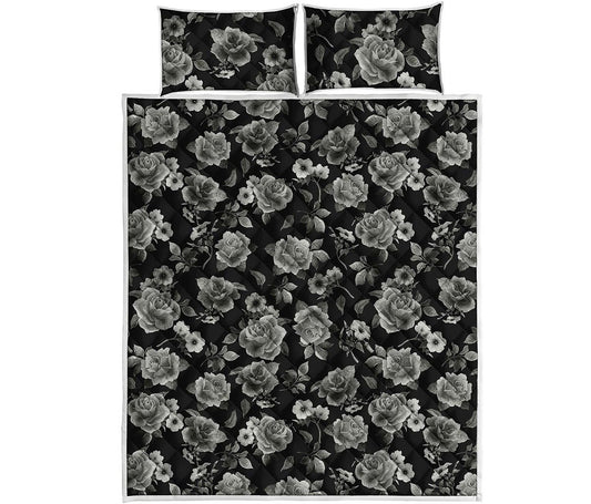 Monochrome Rose Floral Pattern Print Quilt Bed Set
