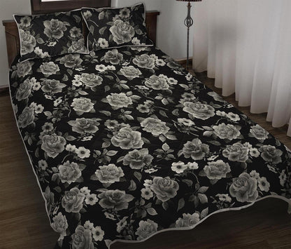 Monochrome Rose Floral Pattern Print Quilt Bed Set