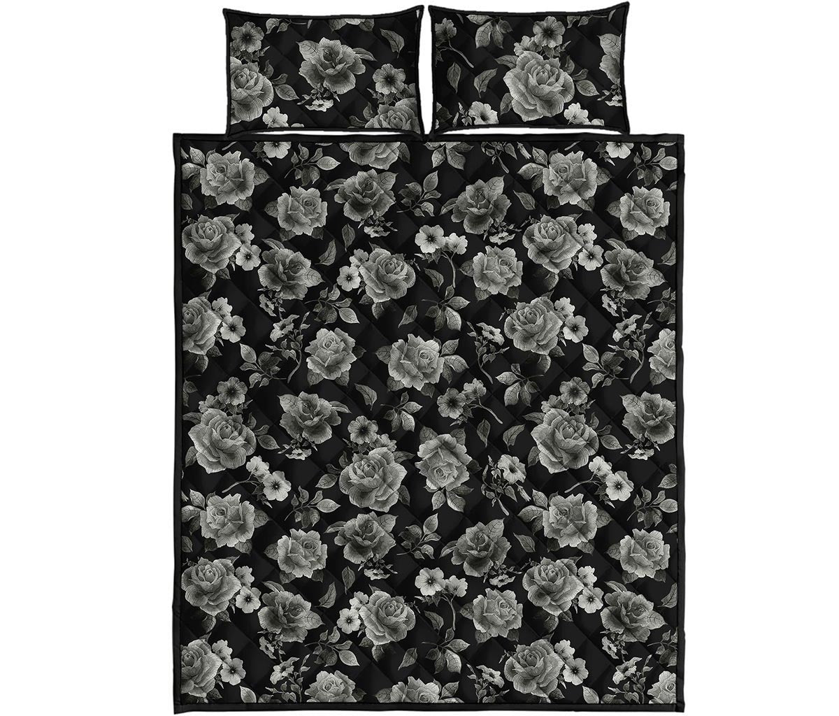 Monochrome Rose Floral Pattern Print Quilt Bed Set