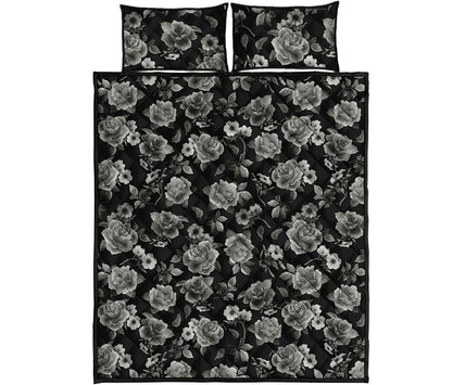 Monochrome Rose Floral Pattern Print Quilt Bed Set