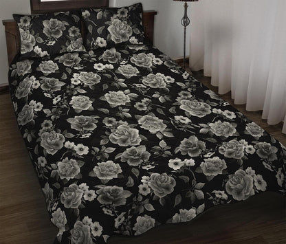 Monochrome Rose Floral Pattern Print Quilt Bed Set