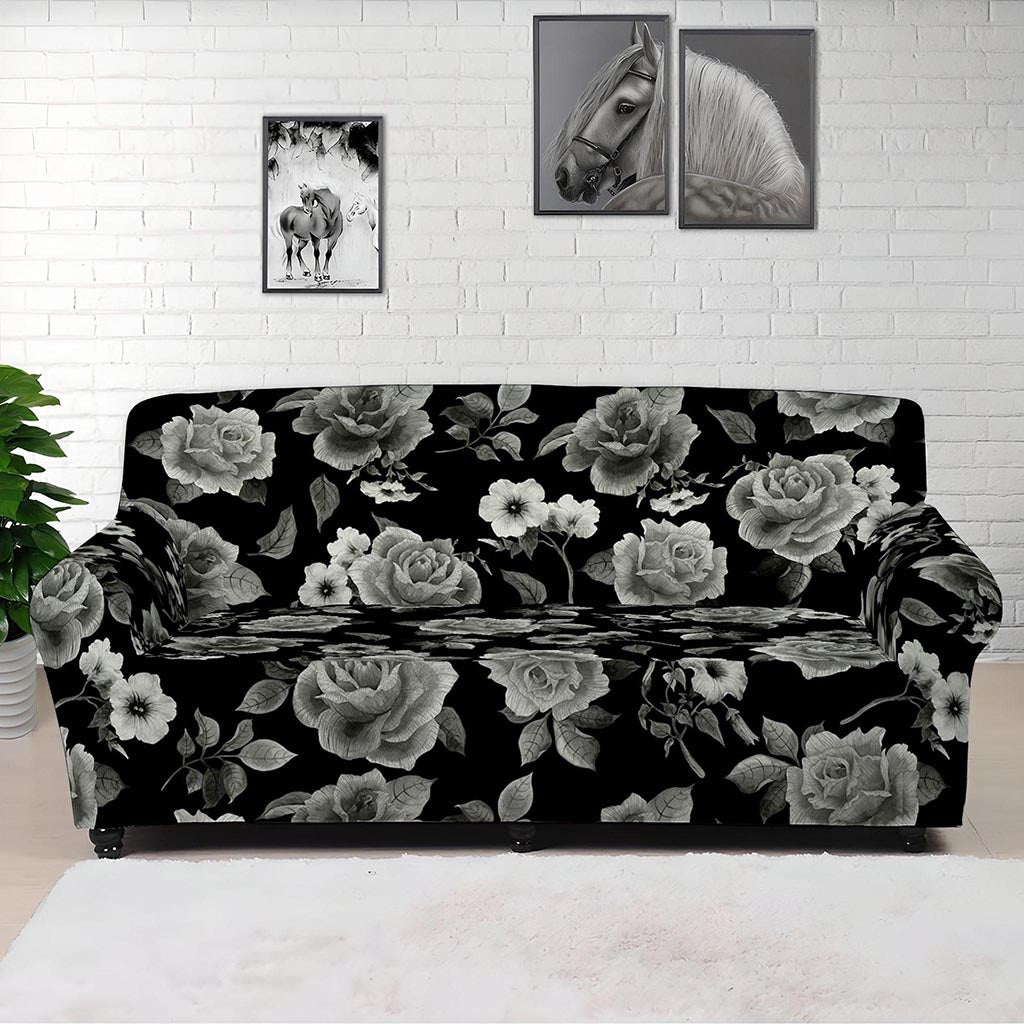 Monochrome Rose Floral Pattern Print Sofa Cover