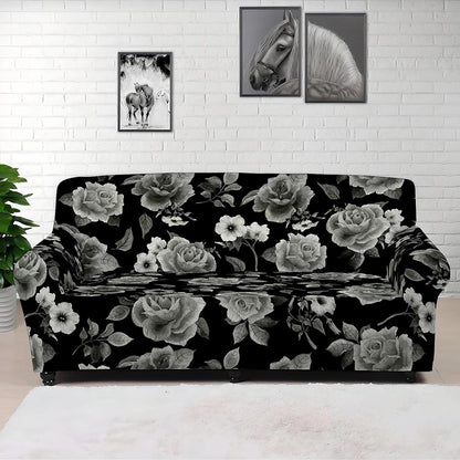 Monochrome Rose Floral Pattern Print Sofa Cover