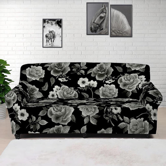 Monochrome Rose Floral Pattern Print Sofa Cover