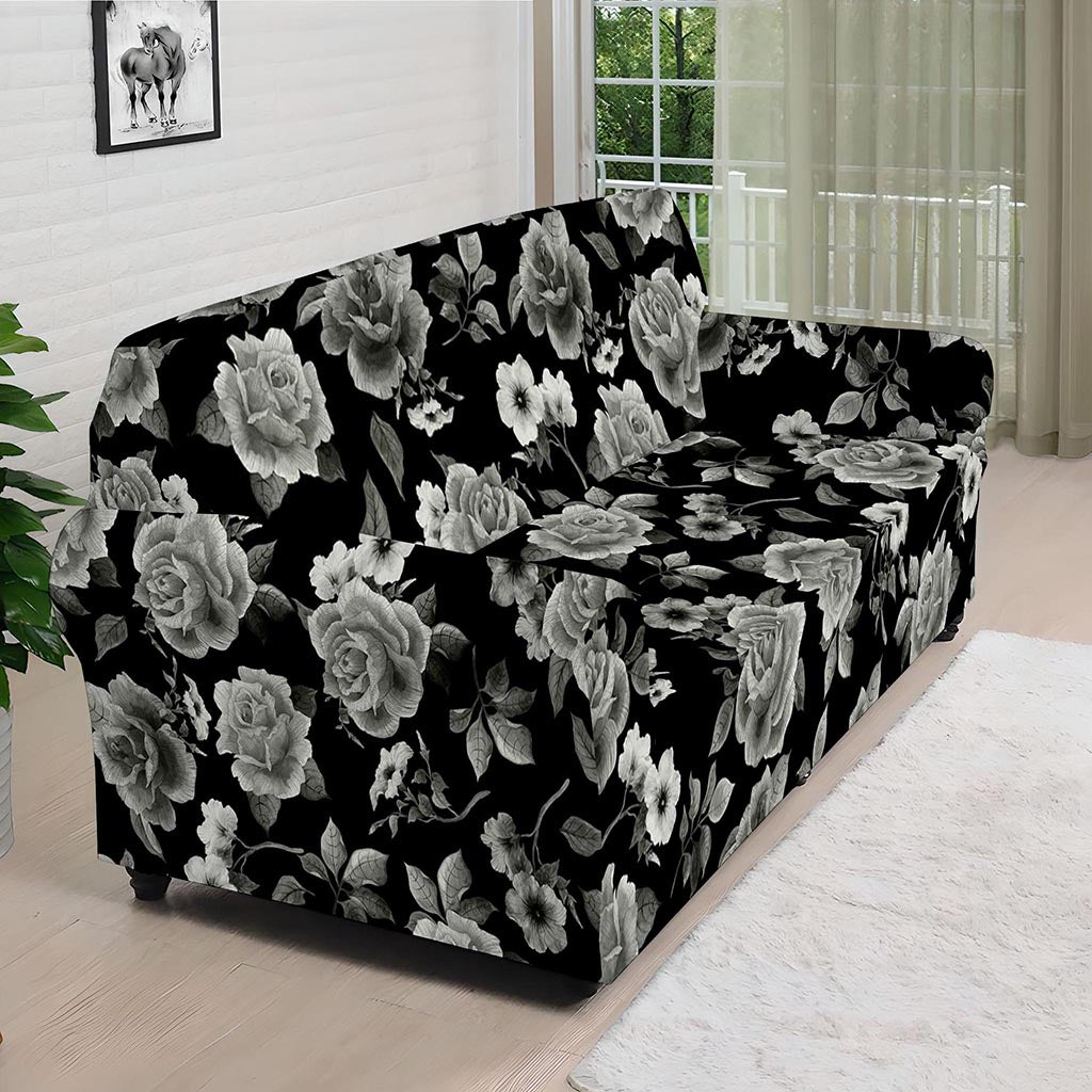 Monochrome Rose Floral Pattern Print Sofa Cover