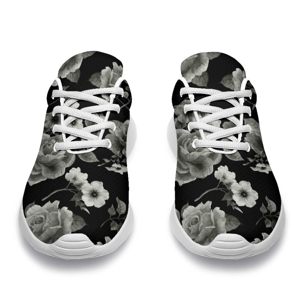 Monochrome Rose Floral Pattern Print Sport Shoes GearFrost