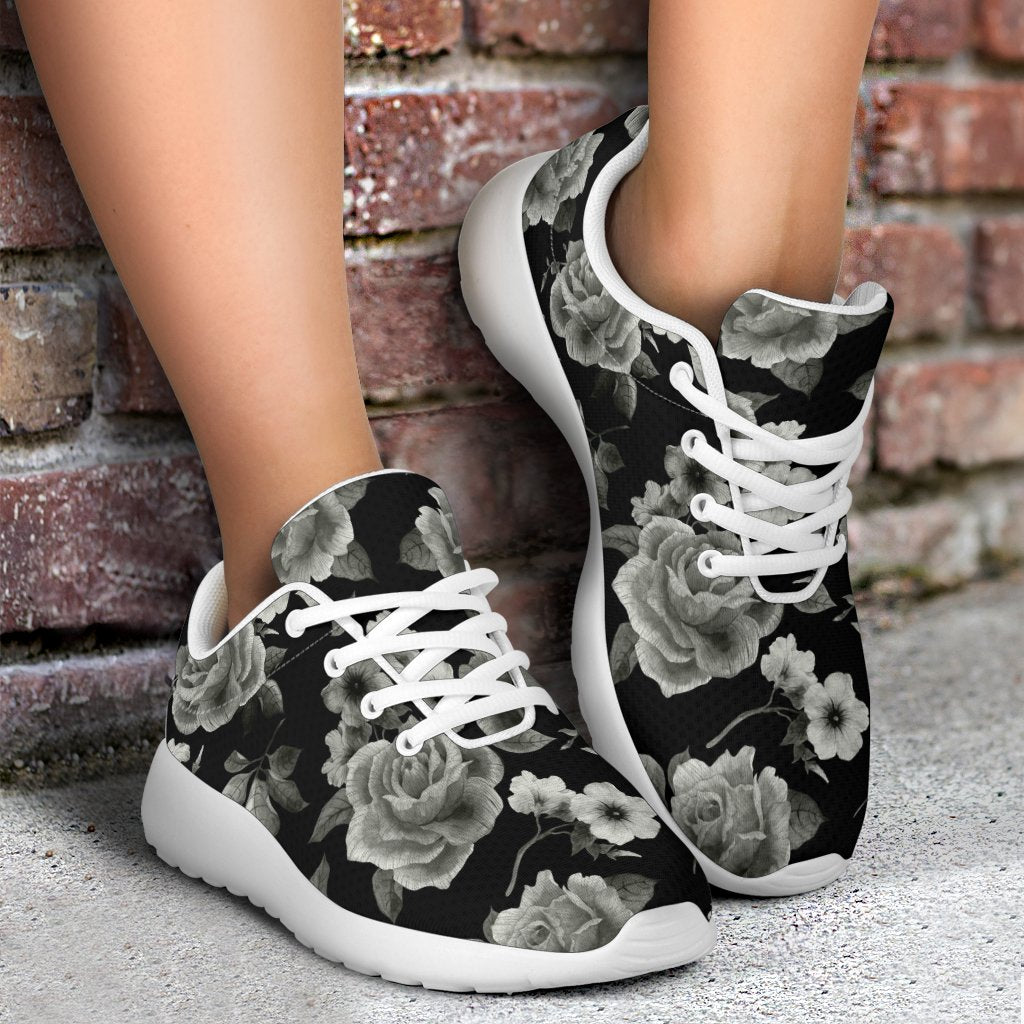 Monochrome Rose Floral Pattern Print Sport Shoes GearFrost