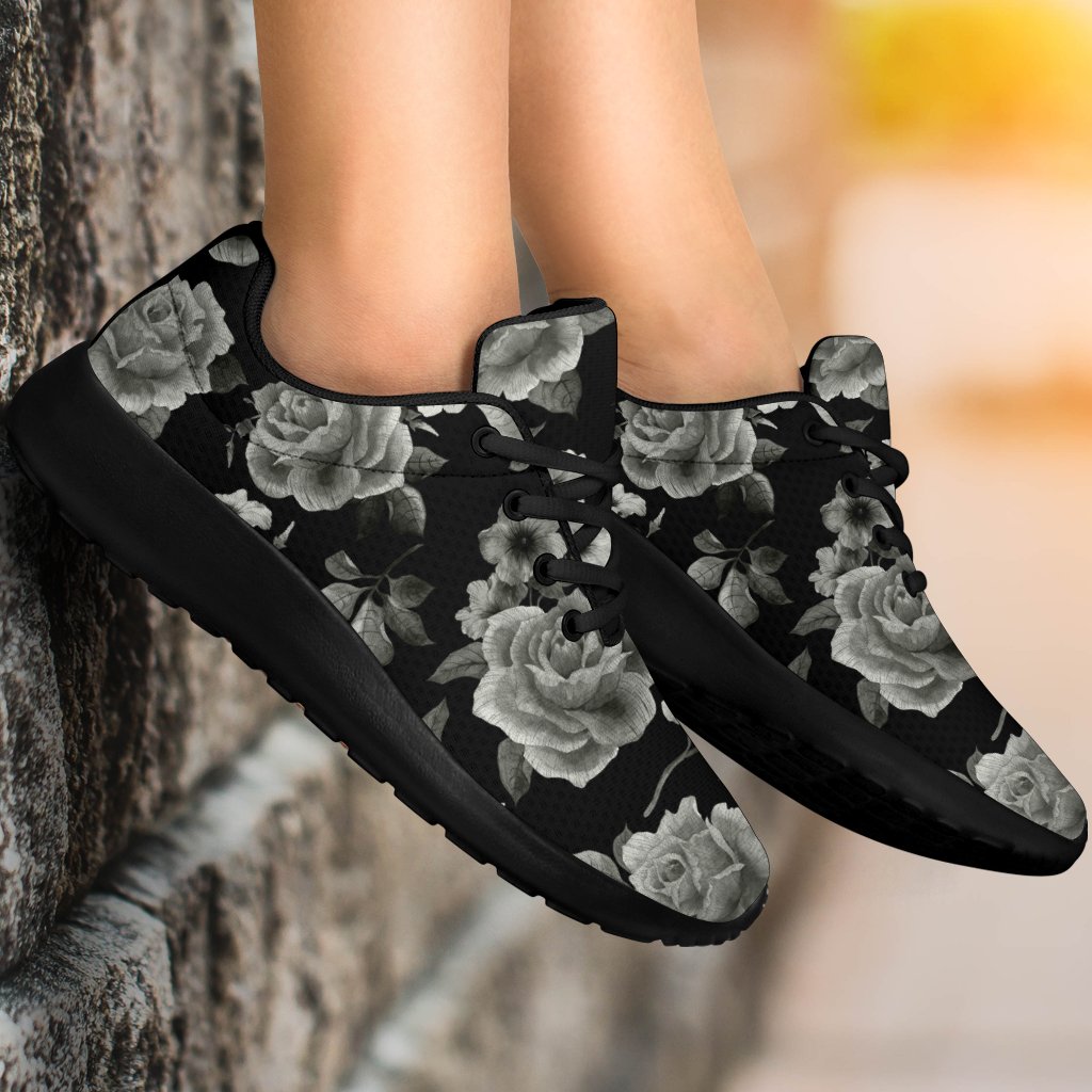 Monochrome Rose Floral Pattern Print Sport Shoes GearFrost