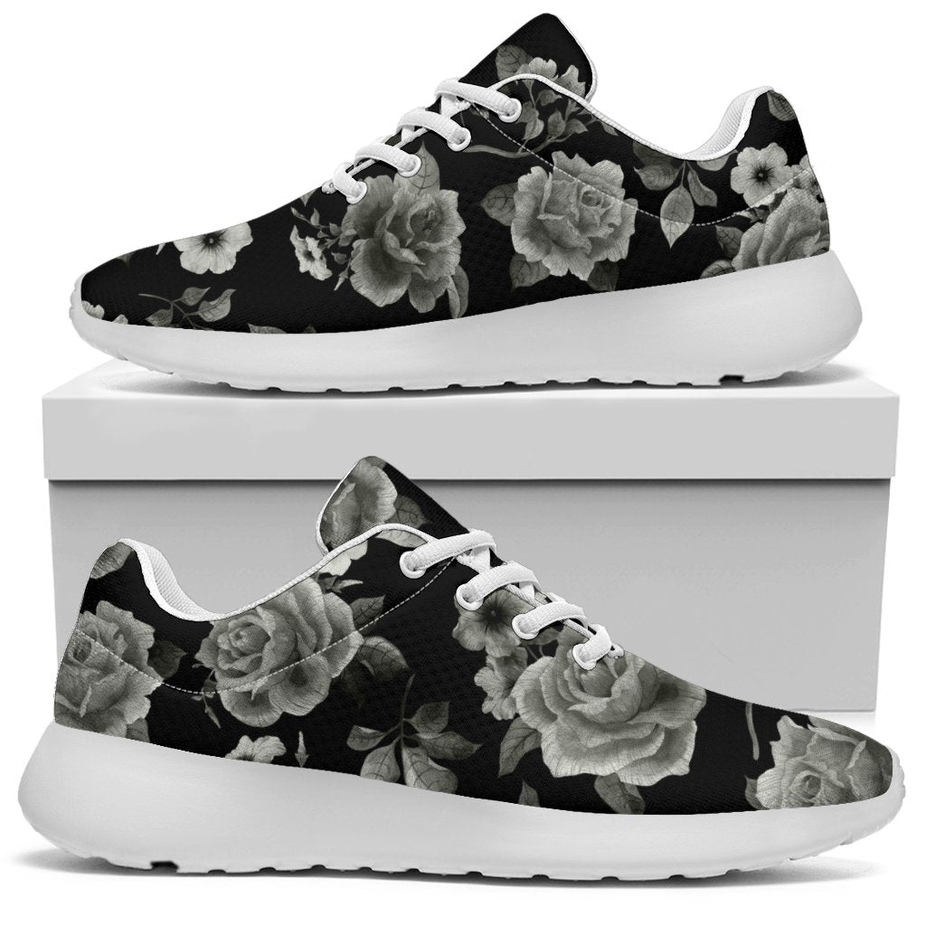 Monochrome Rose Floral Pattern Print Sport Shoes GearFrost