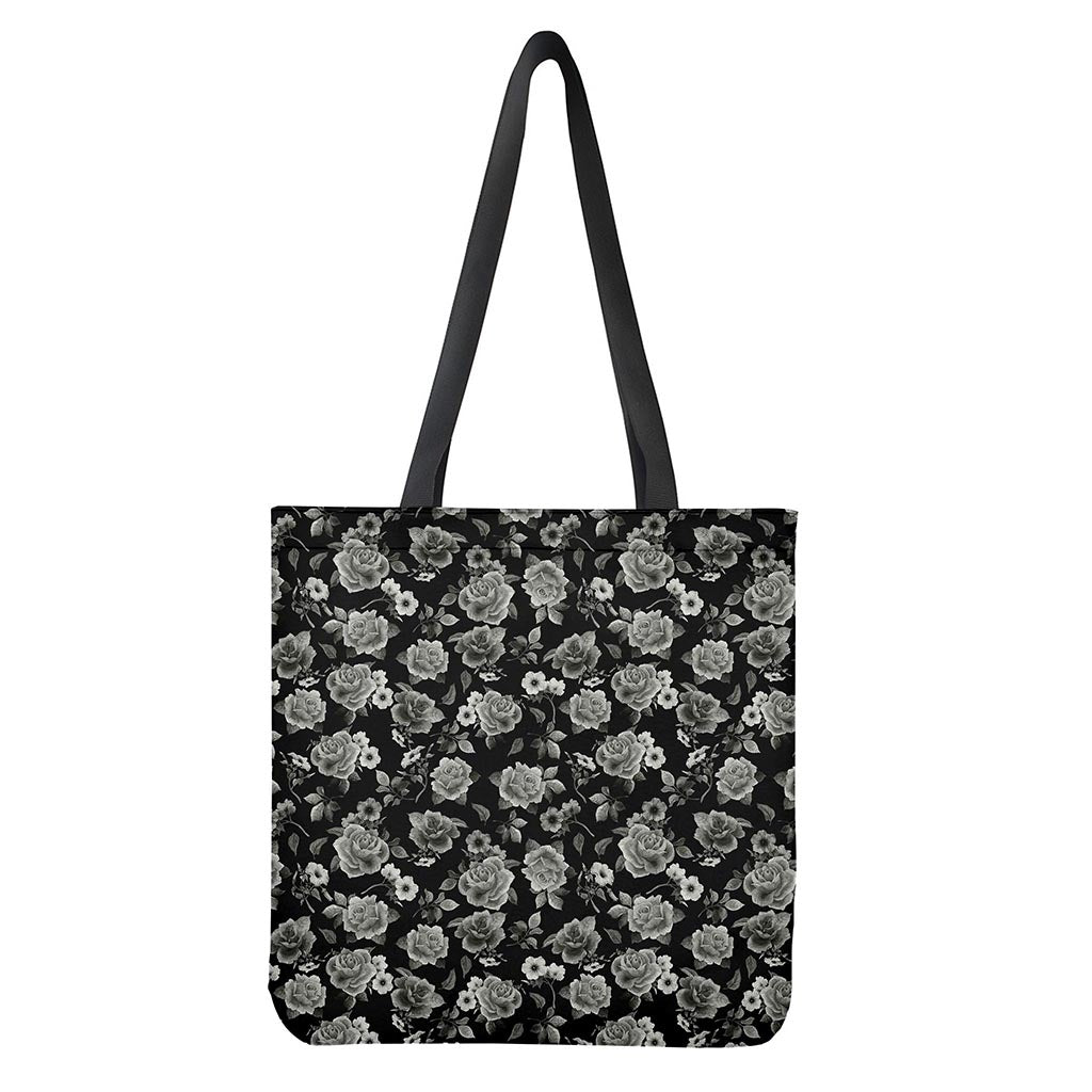 Monochrome Rose Floral Pattern Print Tote Bag